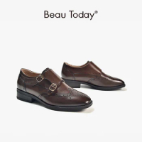 BeauToday Monk Shoes Women Genuine Cow Leather Buckle Strap Brogue Style Round Toe Casual Ladies Flats Handmade 27195