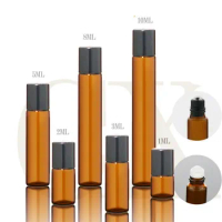 5pcs Amber Roll on Roller Bottle for Essential Oils Refillable Perfume Bottle Deodorant Containers with Black Lid 3ML 5ML 10ML