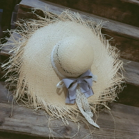 巴厘島沙灘帽蝴蝶結毛邊拉菲草大檐帽夏季遮陽大草帽手編遮陽帽女1入