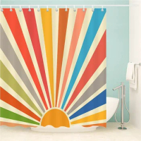 Vintage Sun Shower Curtain Set Boho Retro Geometric Abstract Japanese Art Print Bathroom Curtain Fabric Bath Screens with Hooks