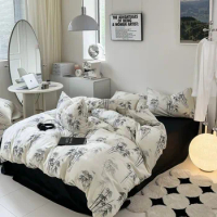 Soft 100%Cotton Duvet Cover Set, Printed Bamboo Branches White Black 4Pcs (1 Duvet Cover 1 Bed Sheet 2 Pillow Shams) Family size