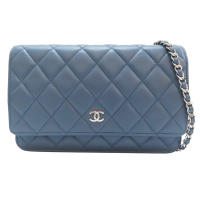 【二手名牌BRAND OFF】CHANEL 香奈兒 藍色 羊皮 菱格紋 WOC 鍊帶 肩背包 銀扣 AP0250