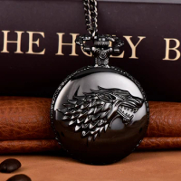 Black wall watch Wolf head pattern pocket watch Large quartz flip pocket watch alloy pocket watch