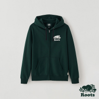 Roots 中性- 左胸經典海狸LOGO刷毛布連帽外套-深綠色