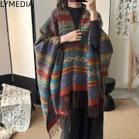 Áo choàng LYMEDIA, Khăn choàng phong cách dân tộc sọc thu đông, Áo len Cashmere giả Versatile Style 