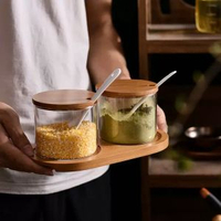 玻璃調味罐組合木蓋玻璃鹽罐香料味精罐廚房儲物罐套裝