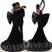 影樓展會新款主題婚紗時尚復古露背魚尾簡約緞面黑色高定攝影禮服