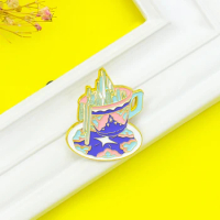 Iceberg teacup coffee cup Enamel Brooch Flowing mountain spring Lapel Pin Blue Pink Charm Jewelry Star coaster Fashion Badge