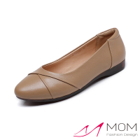 【MOM】真皮平底鞋 尖頭平底鞋/真皮小尖頭軟底折線設計平底鞋(卡其)