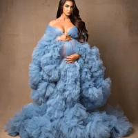 Puffy Ruffled Tulle Maternity Dress Women Robes for Photoshoot Extra Fluffy Pregnancy Dressing Front Split Babyshower Gowns