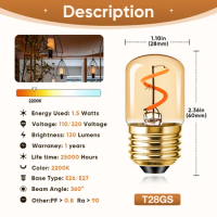 15Pcs T28 Tubular Led Bulb E27 E26 Vintage Dimmable 1.5W 220V 110V 2200K Spiral Filament Bulbs Ceiling Light Living Room Decor