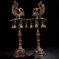 17"Tibet Temple Collection Old Bronze Outline in gold inlay Gem Phoenix Buddha Bell oil lamp Candlestick A pair Worship Hall