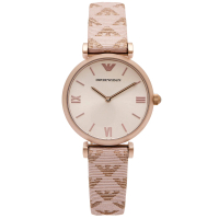 【EMPORIO ARMANI】優雅風圖紋皮革錶帶手錶-淡香檳色面X粉紫/32mm(AR11126)