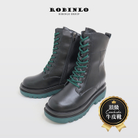ROBINLO獨特焦點撞色全真皮綁帶中筒馬汀靴 極簡黑