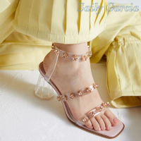 PVC Transparment Star Bordered Narrow Band Sandals Chunky Jelly Heel Crystal Sweet Solid Buckle New Summer 2024 Ladies Shoes