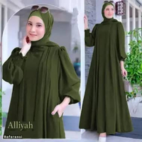 Baju Aliyah Gamis Muslimah Wanita Crinkle Hijau Army