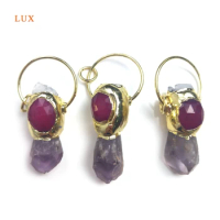 Natural Raw Amethyst Crystal Pendant Clear Quartz Gold Plated Bar Charm For Necklace Elegant Purple Gems Jewelry Set