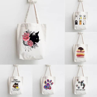 Cat Books Coffee Love Print Shopper Handbags Shoulder Fashion Canvas Casual Shopping Girls Women Graphic Tote Bag