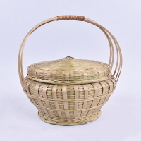手提竹籃帶蓋子裝茶餅提手竹編籃頭層竹青篾雞蛋籃手編竹提籃有蓋