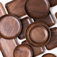 黑胡桃木盤子日式圓形木質托盤木頭餐盤干果點心水果盤實木碟子