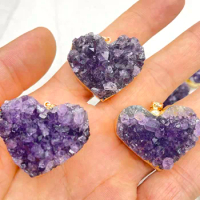 Natural Gem stone Quartz Purple Crystal Amethyst Rough Slab Geode Heart Pendant For DIY Jewelry Making Necklaces Men women 4pcs