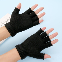 全黑露指手套學生冬季保暖手套女士手套毛線半指騎車手套毛線