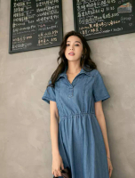 OBSTYLE 高含棉翻領收腰綁帶傘襬短袖洋裝《DA8483》