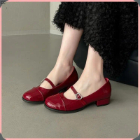 CC Giày lolita đỏ đô đế cao 3cm khuy cài chất liệu da bóng giày mary jane nữ đi học đi chơi Kichi Sh