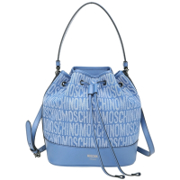 MOSCHINO 字母緹花布拼牛皮手提/斜背水桶包(藍色)