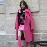 Movie Cosplay TV Emily in Paris Season 3 Emily Cooper The Same Rose Tweed Coat Fashion Women Winter Windbreaker Long Tops