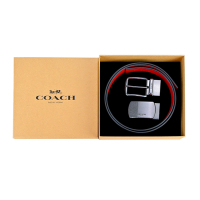COACH 素面&amp;PVC緹花雙釦頭雙面用皮帶禮盒組(咖啡/紅)