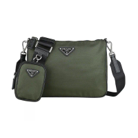 【PRADA 普拉達】PRADA Re-Nylon+Saffiano金屬銀字LOGO再生尼龍拉鍊斜背包(軍綠)