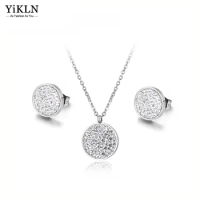 YiKLN Trendy Stainless Steel Wedding Necklace Earrings Jewelry Classic Pave Setting CZ Crystal Circle Sets For Women YSE016