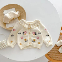Korean Style Newborn Cardigans Baby Girls Knit Frilled Collar Floral Print Elegant Sweaters 0-3yrs