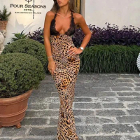 Sexy Lace Leopard Print Dress Women Fashion Deep V Neck Patchwork Halter Dresses 2024 Summer Ladies Chic Party Evening Gowns