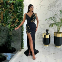 SoDigne Black Satin Prom Dresses Long Feathers Evening Gowns Secy Side Split Formal Women Dress Evening Party Wear Gowns