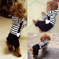 OIMG Striped Bear Wooden Button Pet Clothes Cute Dog Cat Spring Summer Suit Poodle Teddy Bichon Comfortable Small Dogs Jumpsuits