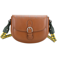 GUCCI 古馳  撞色編織背帶牛皮翻蓋馬鞍包(棕色)