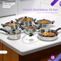 Nuna Panci 12 set Stainless tutup kaca Anti Karat Oren Keren