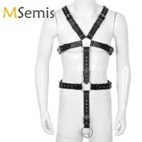 MSemis Men Leather Bondage Full Body Bondage Harness Detachable Strap with O Ring Open Crotch Men Harness Gay Adult Game