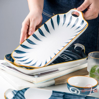 蒸魚專用盤陶瓷雙耳魚盤菜盤家用創意早餐湯盤沙拉烘焙燒烤盤壽司