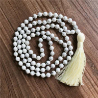 Natural Howlite 108 Mala Beads Necklace Prayer Beads For Calming Knotted Necklace White Necklaces Tassel Necklaces
