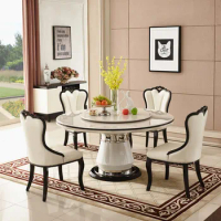European marble round dining table and chair combination black and white simple modern luxury dining table villa round table wit