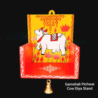 Gamshali Pichwai Cow Diya Stand / Rangoli Design / Hanging Wooden Cow Design With Bell