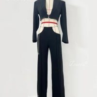Tesco Chic Women's Pant Sets Short Blazer Suit+Chain Wide Leg Pants Women Sexy Suit For Club Party Female Outfits 2 Piece