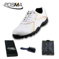 高爾夫球鞋 男士固定釘球鞋 高爾夫男士運動休閒鞋 GSH016男款 金 配POSMA鞋包 2合1清潔刷 高爾夫毛巾