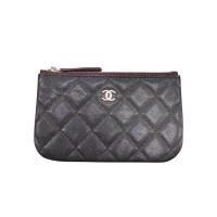 CHANEL 香奈兒 黑色 牛皮 菱格紋 荔枝紋 一字 拉鏈 零錢包 【二手名牌BRAND OFF】