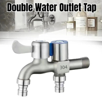 Stainless Steel Two Way Garden Water Tap Double Head Kitchen Bathroom Toilet 2 Way Faucet