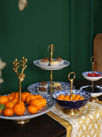 費靈家居新中式青花手工彩繪陶瓷配銅雙層盤糖果碗收蛋糕盤擺件