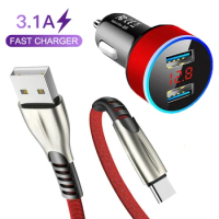 3.1A Dual USB Car Charger For Huawei P40 P30 P20 Mate 10 20 Pro Lite Honor 9X 10X Lite Fast Charge Type-c USB Cable Cords